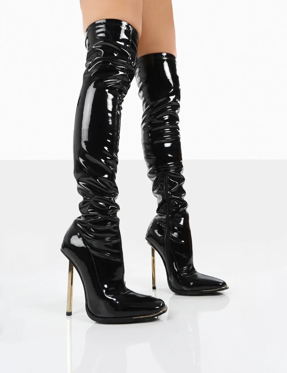 Kenza X Public Desire Vicki Black Patent over the Knee Stiletto Heeled Boots sold by Public Desire