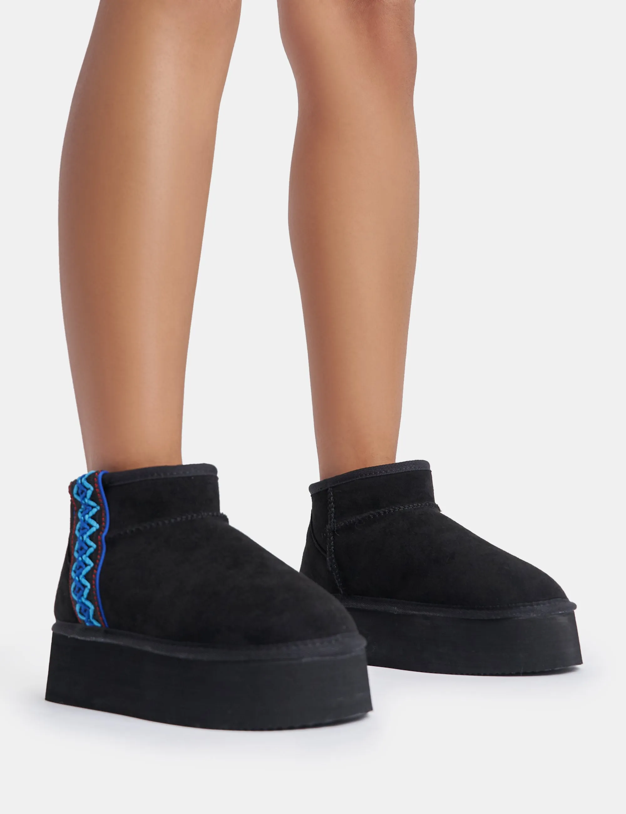Snowfall Black Faux Suede Aztec Trim Ultra Mini Ankle Platform Boots sold by Public Desire