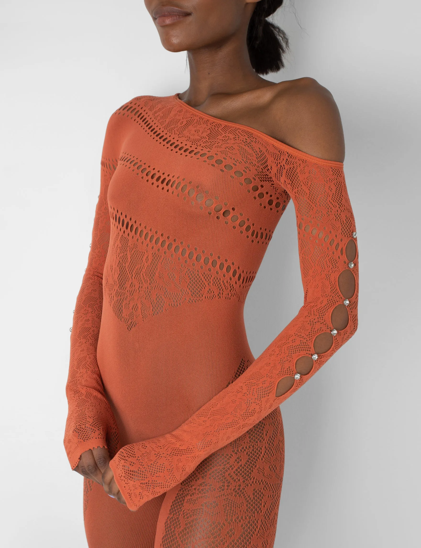 Mesh and Lace Panel Off Shoulder Short Unitard Burnt Orange sold by Public Desire product image thumbnail 4