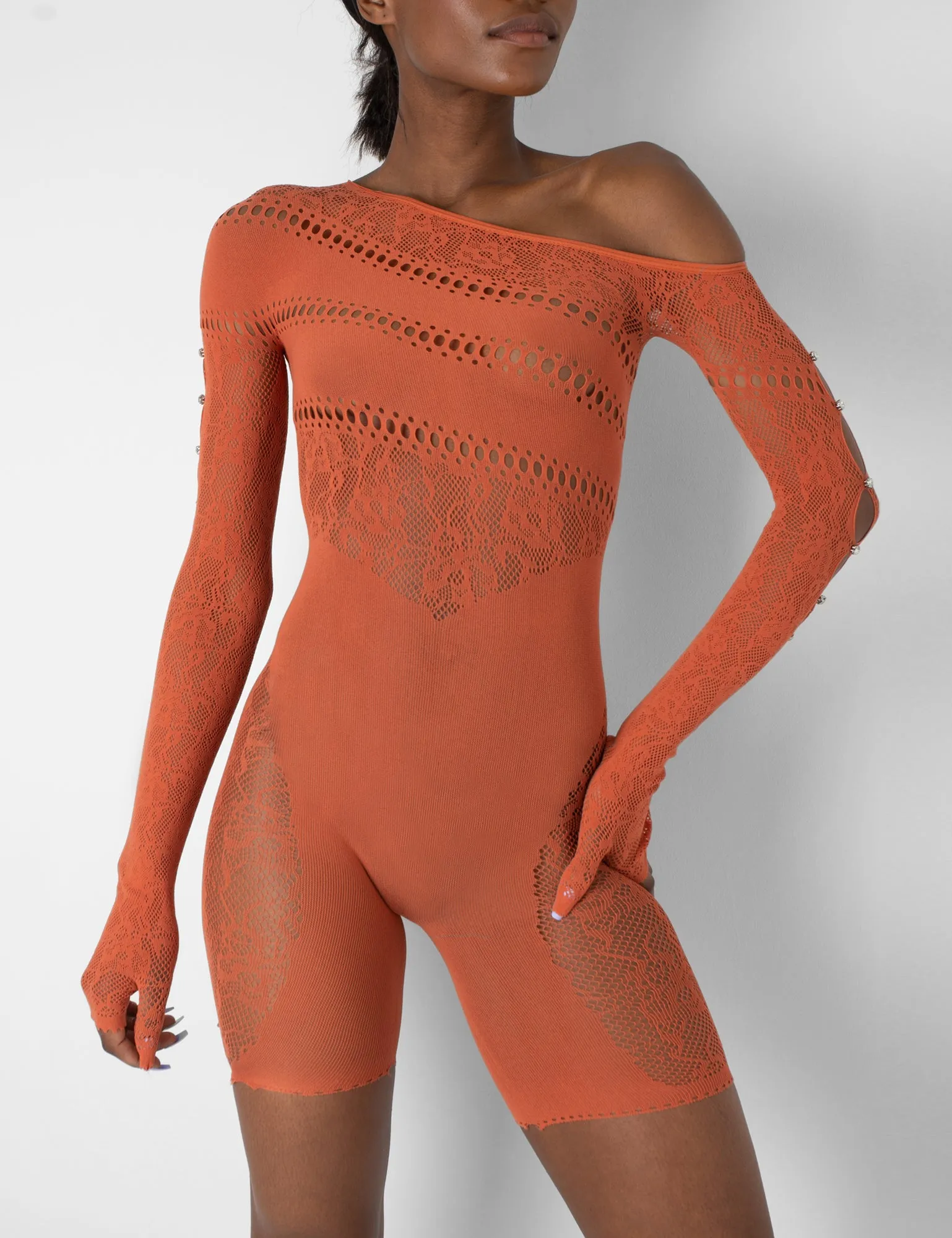 Mesh and Lace Panel Off Shoulder Short Unitard Burnt Orange sold by Public Desire product image thumbnail 3
