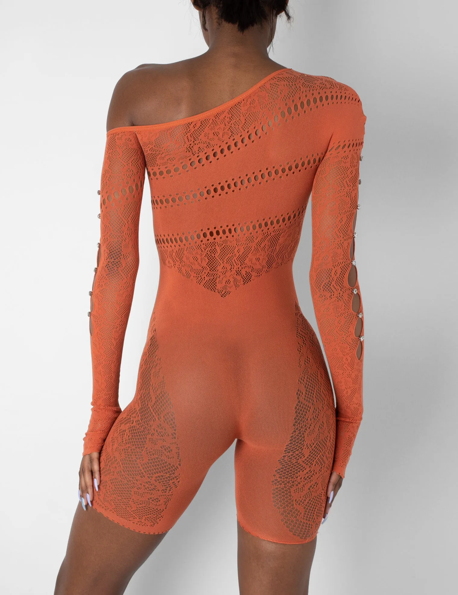 Mesh and Lace Panel Off Shoulder Short Unitard Burnt Orange sold by Public Desire product image thumbnail 5