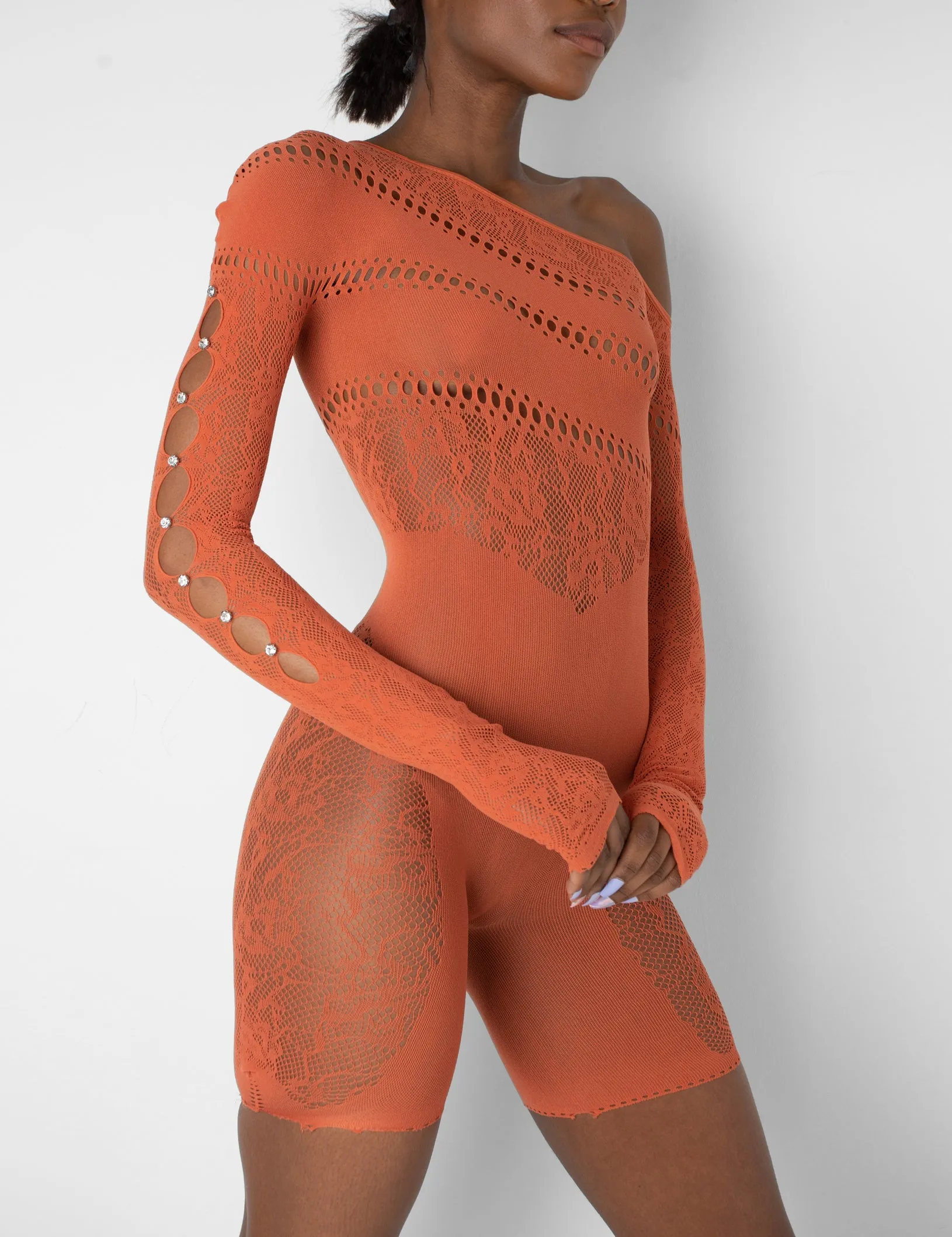 Mesh and Lace Panel Off Shoulder Short Unitard Burnt Orange sold by Public Desire product image thumbnail 2