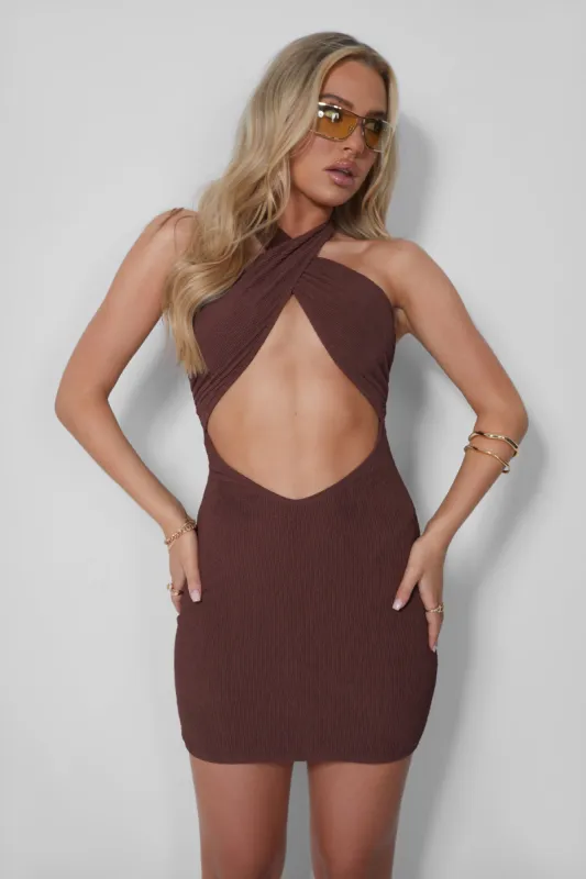 Scrunch Halter Wrap Ruched Beach Dress Chocolate made by Public Desire
