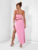 Rose Detail Extreme Split Maxi Skirt Pink sold by Public Desire