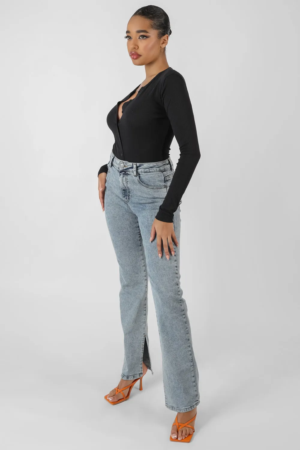 Front Button Long Sleeve Ribbed Bodysuit Black sold by Public Desire product image thumbnail 3