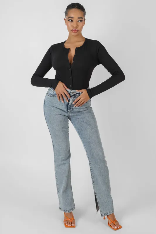 Front Button Long Sleeve Ribbed Bodysuit Black sold by Public Desire