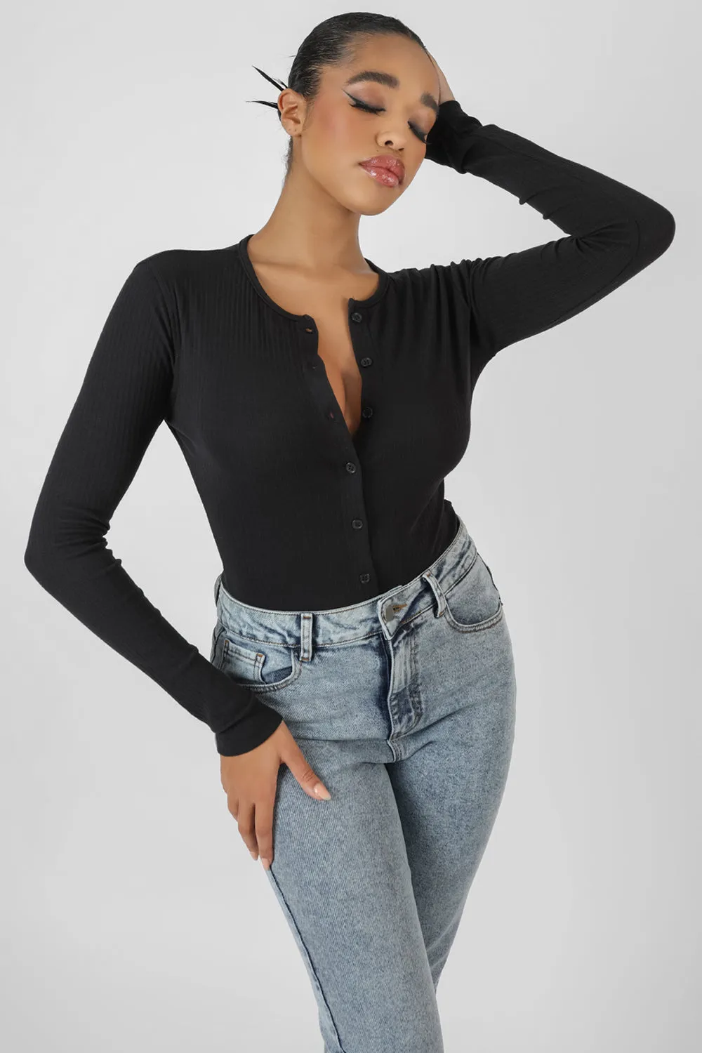 Front Button Long Sleeve Ribbed Bodysuit Black sold by Public Desire product image thumbnail 2