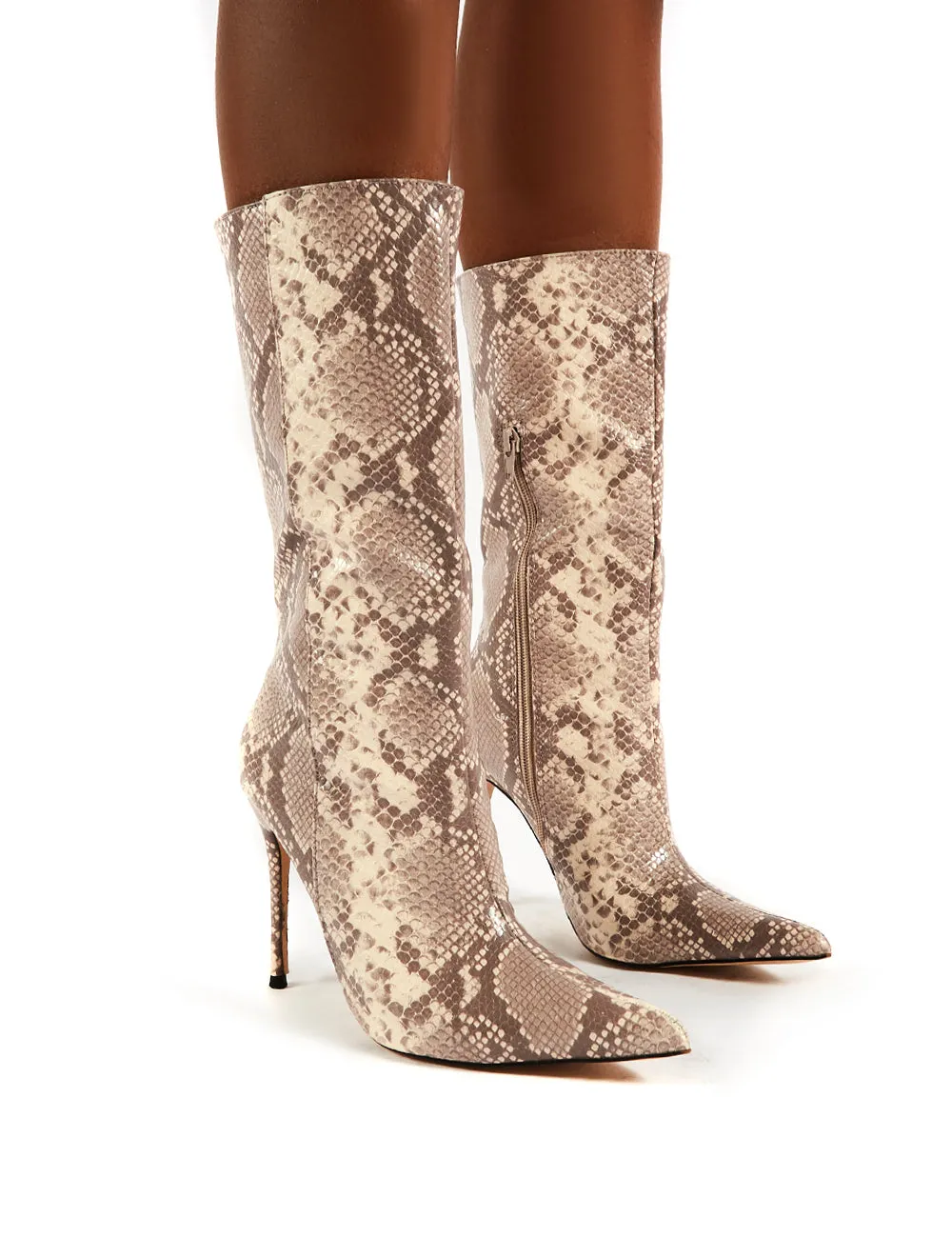 Mystic Beige Snake Knee High Stiletto Heel Boots sold by Public Desire