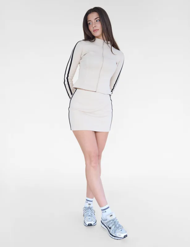 Kaiia Contrast Panel Ribbed Mini Skirt Stone & Black sold by Public Desire