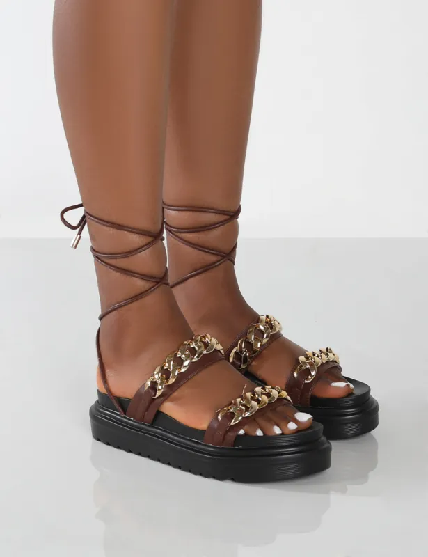 Dizzi Brown PU Chunky Chain Detail Lace Up Sandals sold by Public Desire