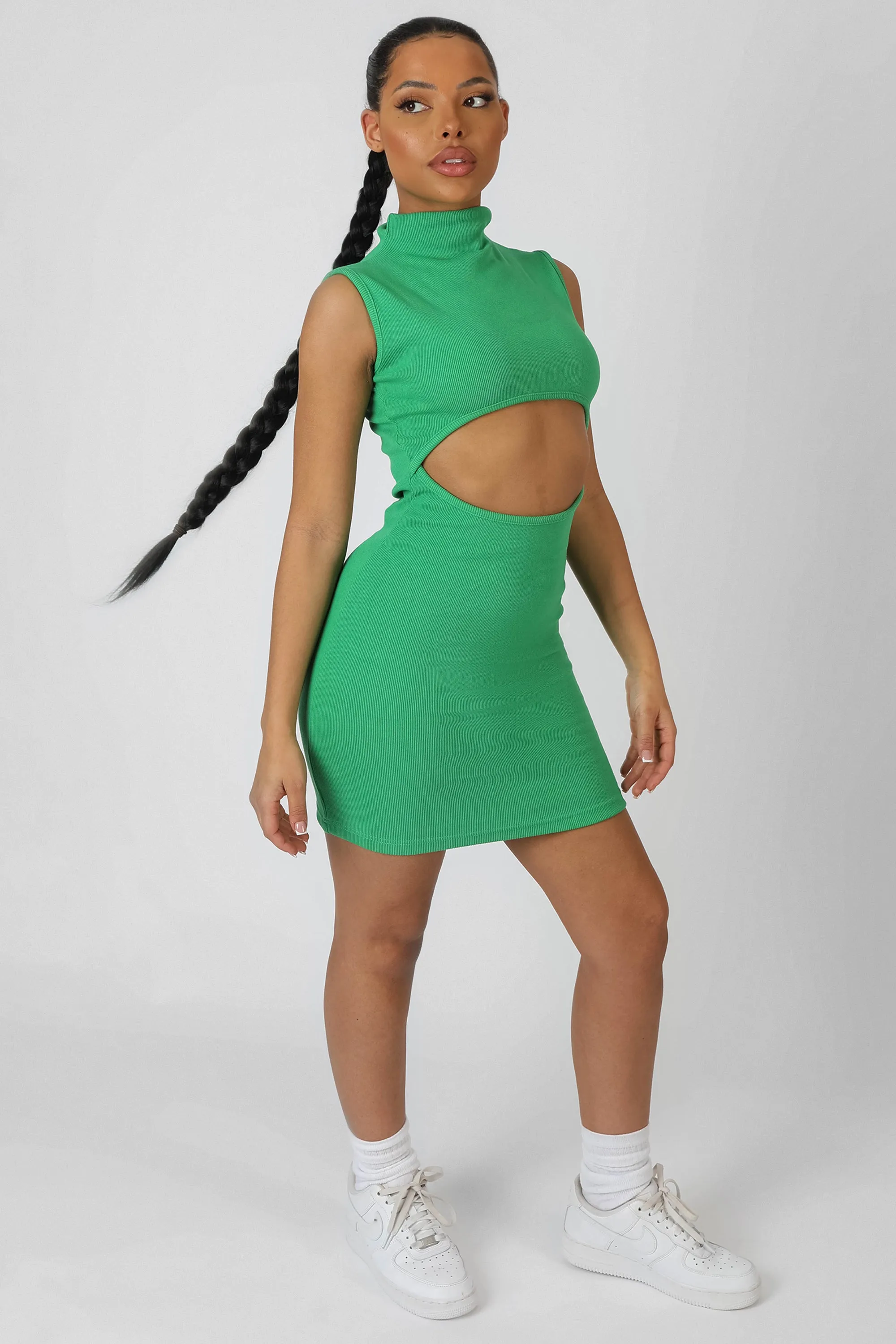 Rib Cut Out Bodycon Mini Dress Green sold by Public Desire