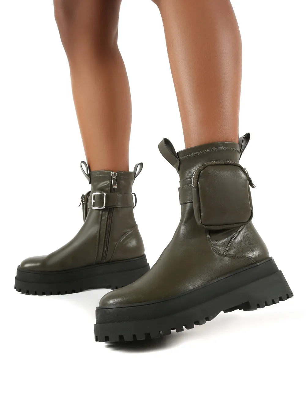 Thought Khaki Pu Wide Fit Pocket Chunky Sole Ankle Boot sold by Public Desire product image thumbnail 3
