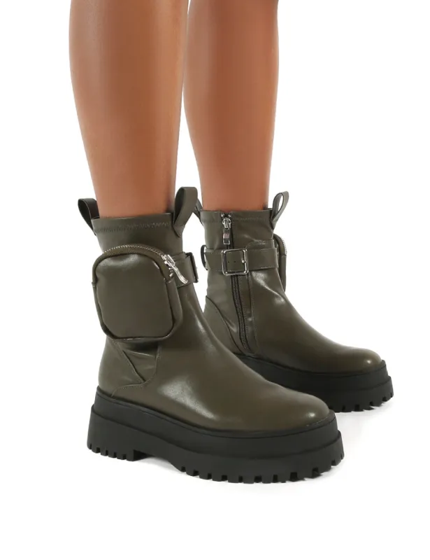 Thought Khaki Pu Wide Fit Pocket Chunky Sole Ankle Boot sold by Public Desire