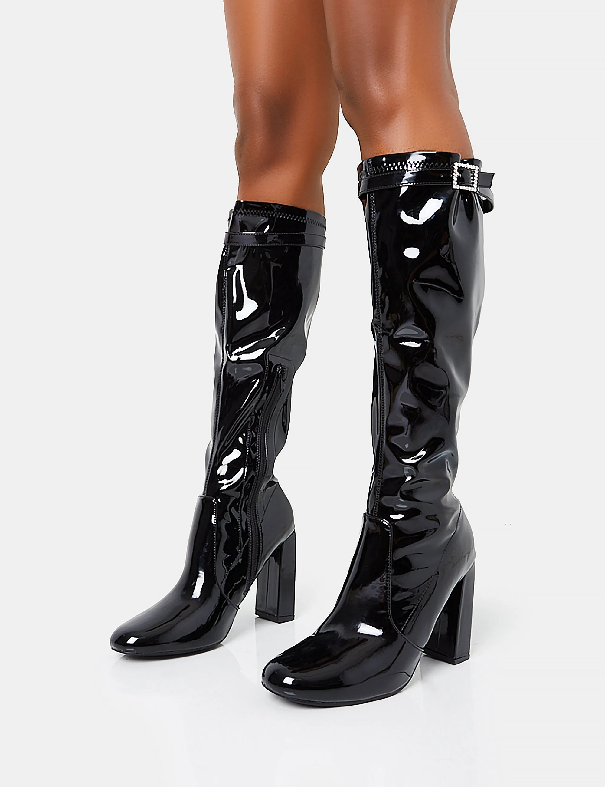 First Class Black Buckle Strap Detail Knee High Block Heeled Boots sold by Public Desire product image thumbnail 3