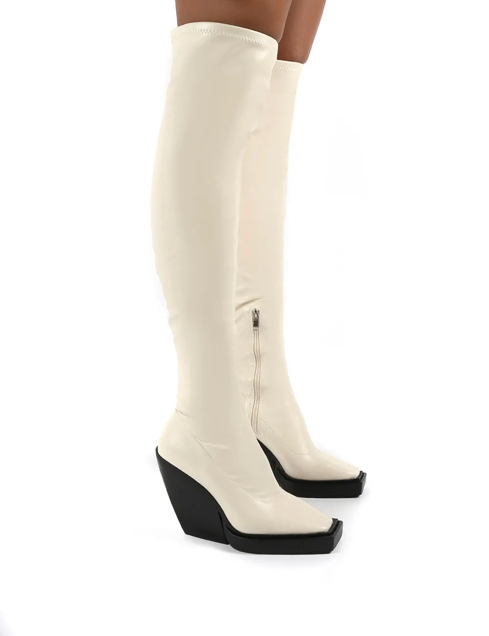 Nix Bone Square Toe Over the Knee Block Heel Boots sold by Public Desire