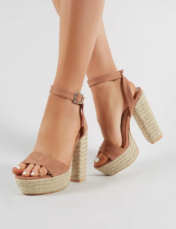 Hanalei Espadrille Block Heels in Mocha Faux Suede sold by Public Desire