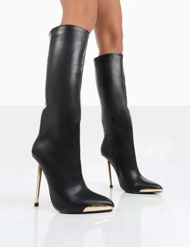 Tala Black PU Pointed Toe Stiletto Heel Knee High Boots sold by Public Desire
