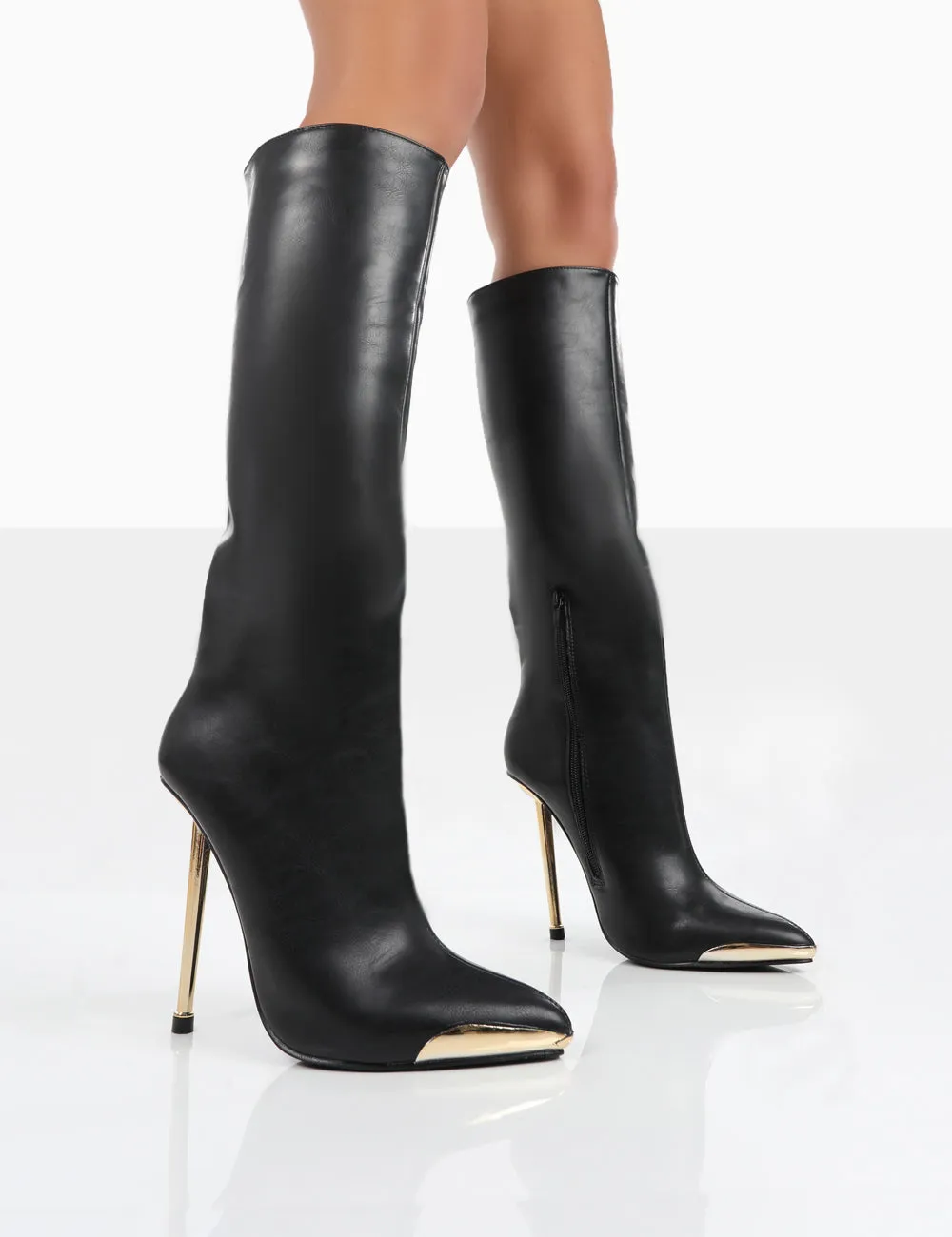 Tala Black PU Pointed Toe Stiletto Heel Knee High Boots sold by Public Desire