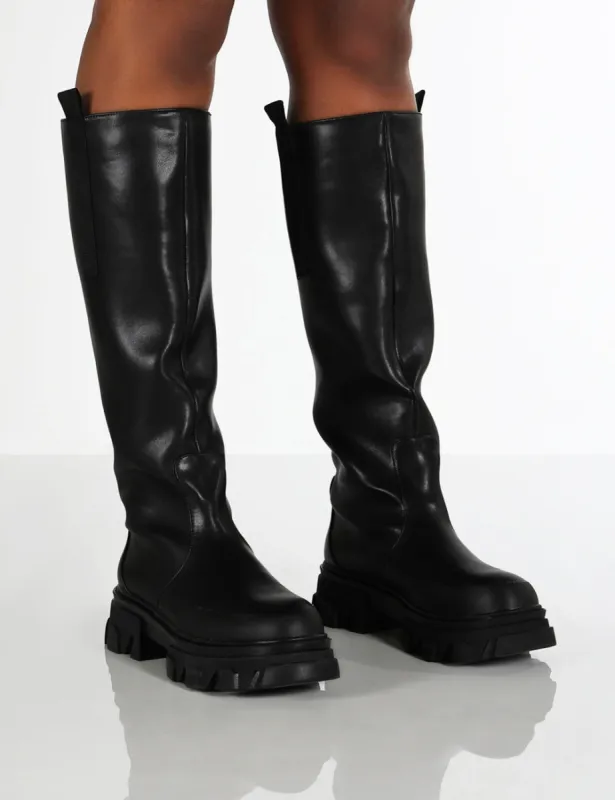Genius Black Wide Fit Knee High Chunky Sole Boots sold by Public Desire