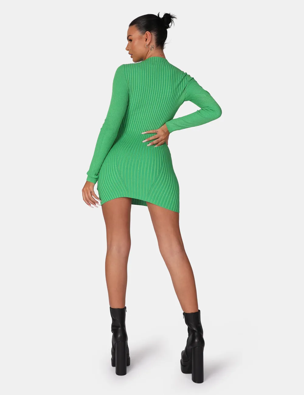 Knitted High Neck Long Sleeve Contrast Stitch Mini Dress Green sold by Public Desire product image thumbnail 3