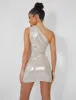 One Shoulder Ruched Metallic Mini Dress Champagne sold by Public Desire