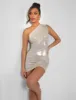 One Shoulder Ruched Metallic Mini Dress Champagne sold by Public Desire