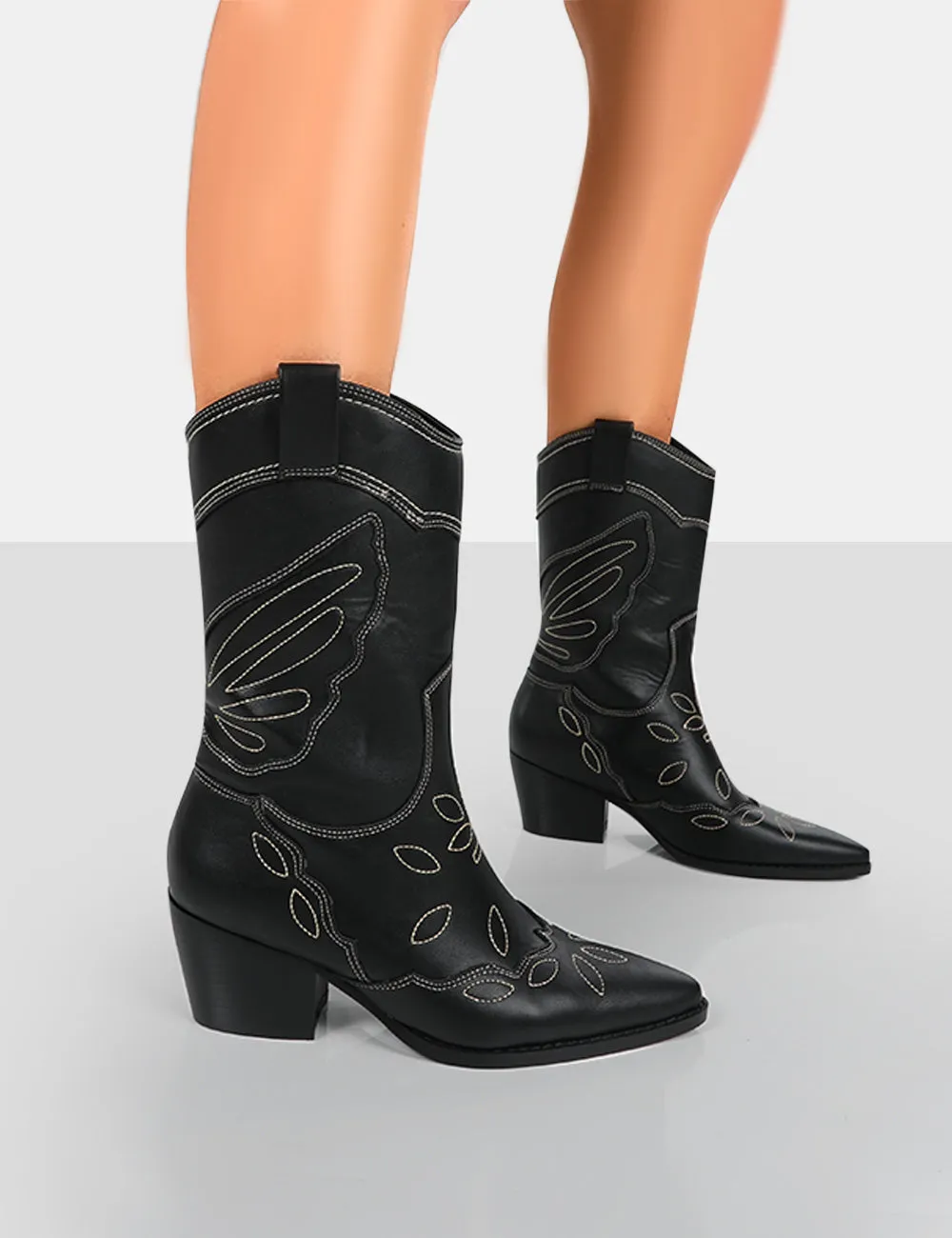 Howdy Black PU Pointed Toe Western Cowboy Block Ankle Boots sold by Public Desire