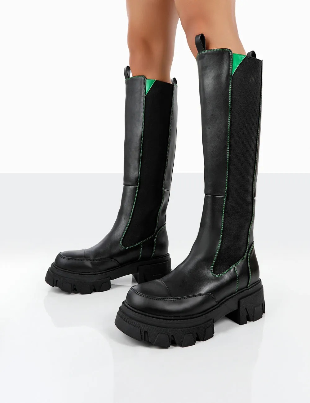 Kenza X Public Desire Survive Black Pu Chunky Sole Green Upper Knee High Boots sold by Public Desire product image thumbnail 4