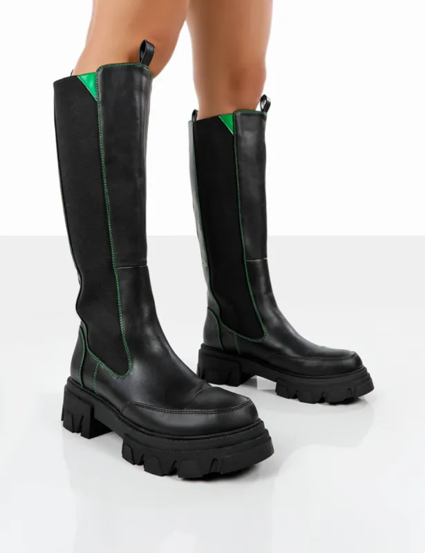 Kenza X Public Desire Survive Black Pu Chunky Sole Green Upper Knee High Boots sold by Public Desire
