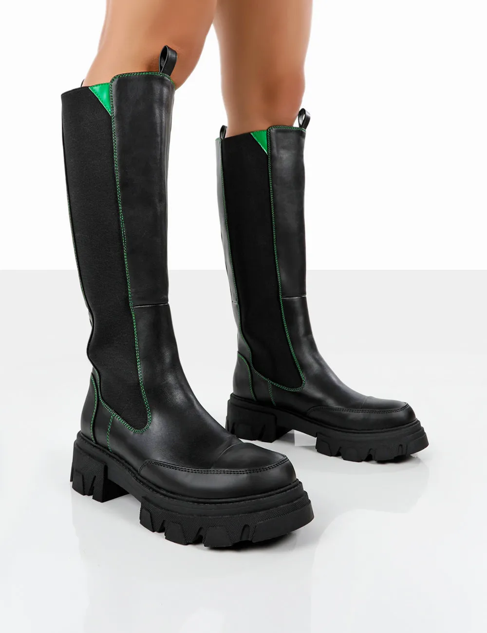 Kenza X Public Desire Survive Black Pu Chunky Sole Green Upper Knee High Boots sold by Public Desire