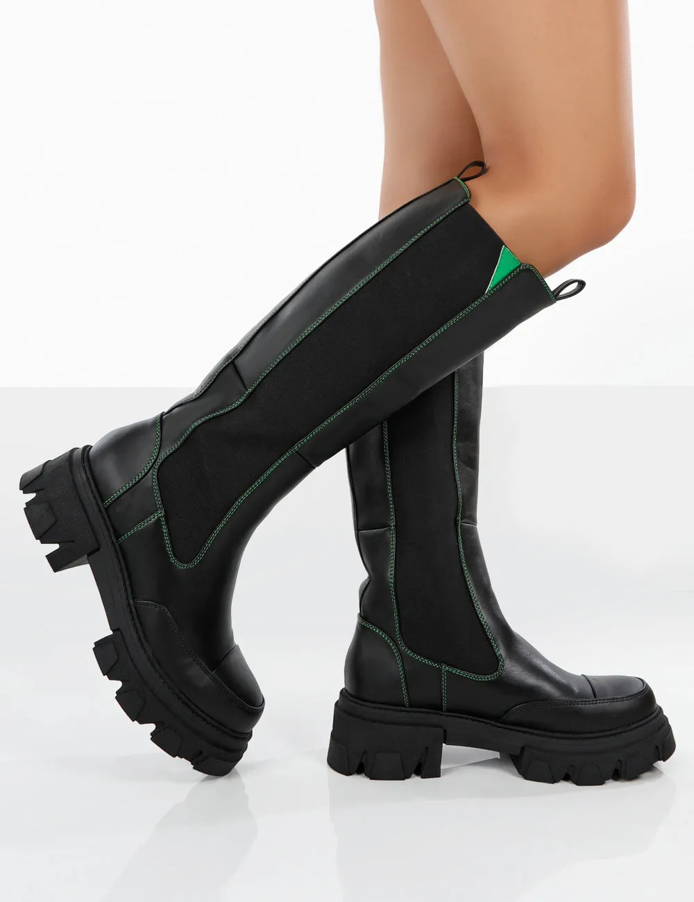 Kenza X Public Desire Survive Black Pu Chunky Sole Green Upper Knee High Boots sold by Public Desire product image thumbnail 3