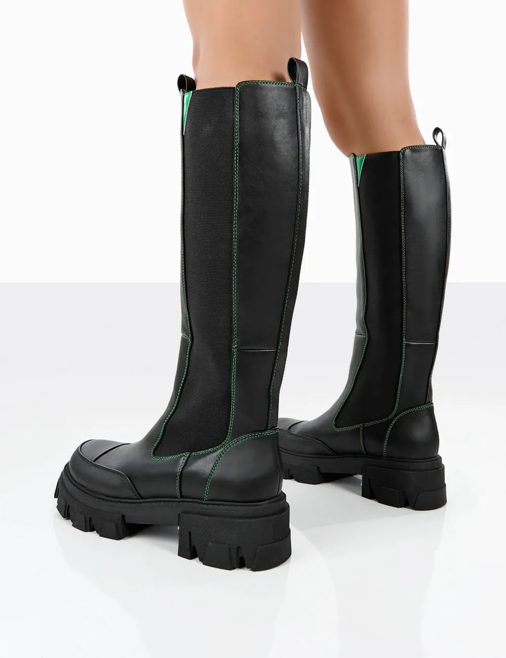 Kenza X Public Desire Survive Black Pu Chunky Sole Green Upper Knee High Boots sold by Public Desire product image thumbnail 2