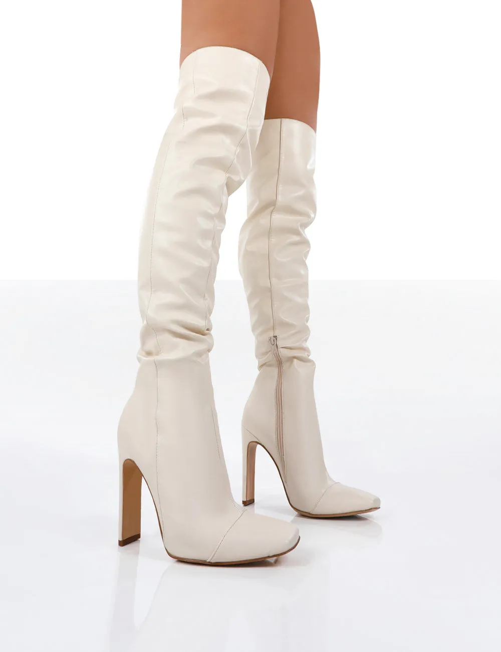 Pyrite Ecru Patent over the Knee Heeled Boots sold by Public Desire