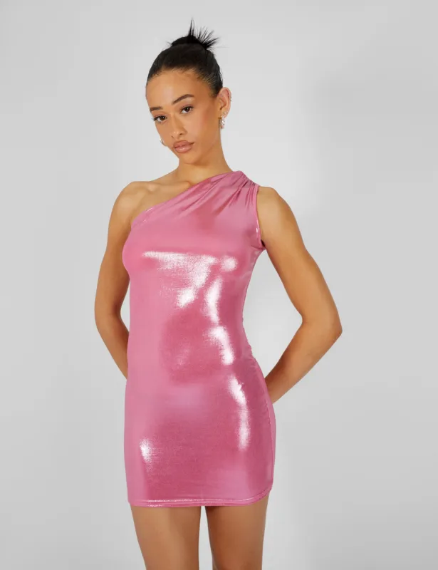 One Shoulder Ruched Metallic Mini Dress Pink sold by Public Desire