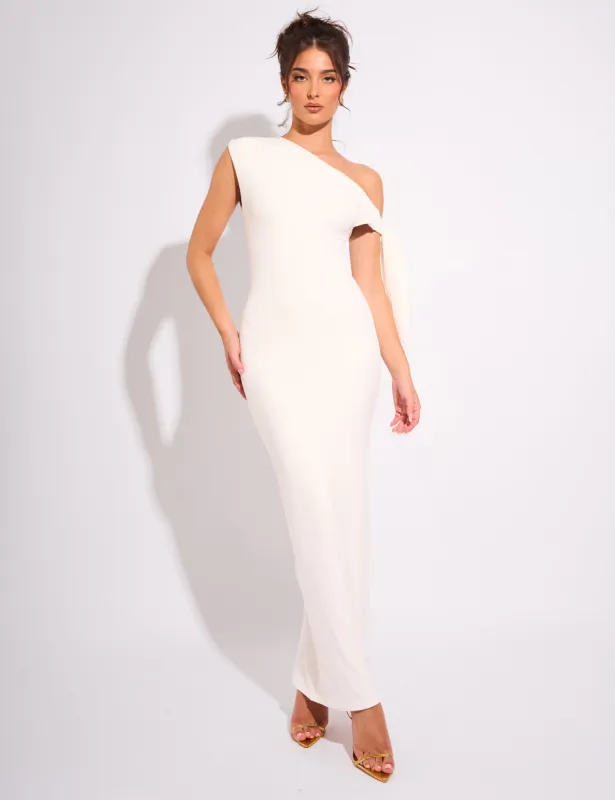 Knot Detail Asymmetric One Shoulder Luxe Slinky Maxi Dress White sold by Public Desire