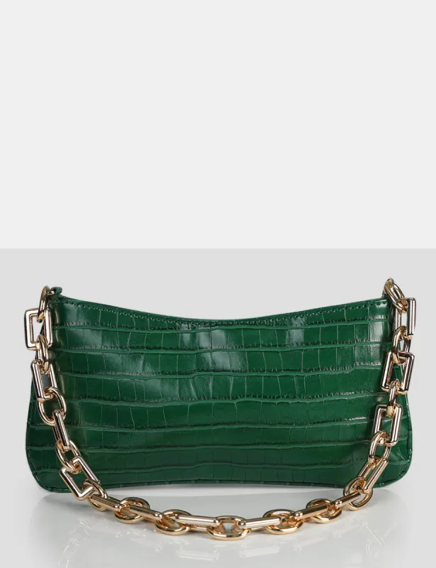 The Sadie Green Croc Chain Detail Shoulder Bag sold by Public Desire