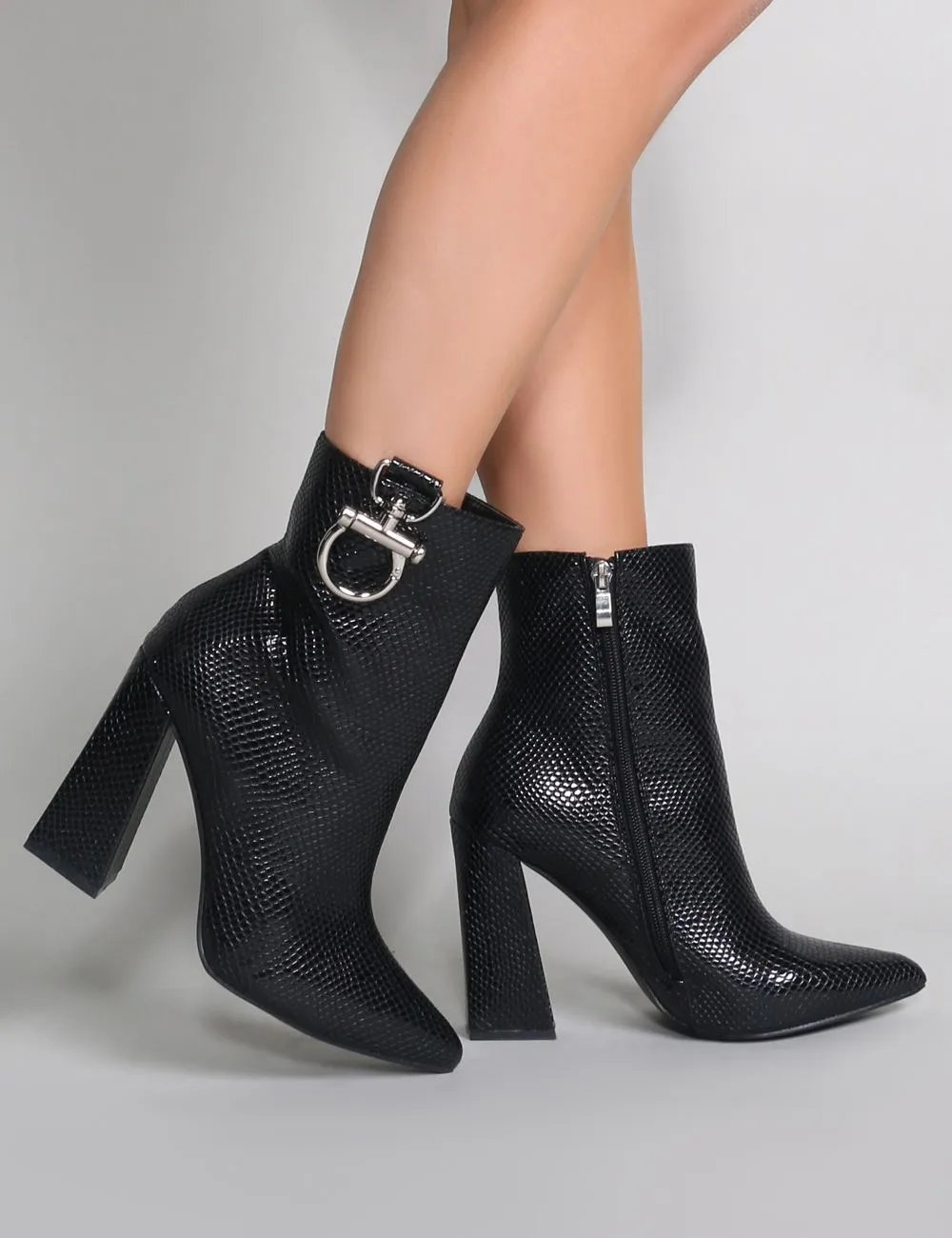 Forever Metal Trim Ankle Boots in Black Mock Croc sold by Public Desire