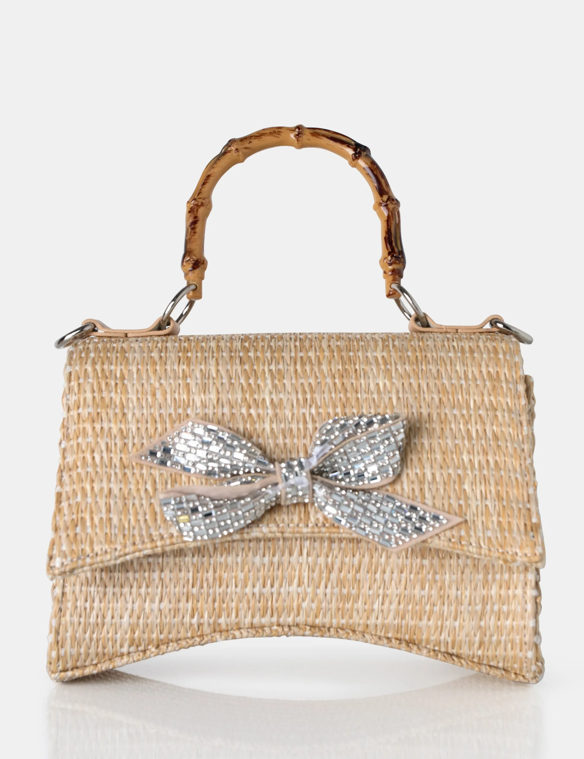 The Bow Natural Raffia Bamboo Handle Diamante Bow Grab Bag sold by Public Desire
