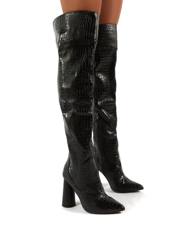 Hometown Wide Fit Black Croc Over The Knee Heeled Boots sold by Public Desire
