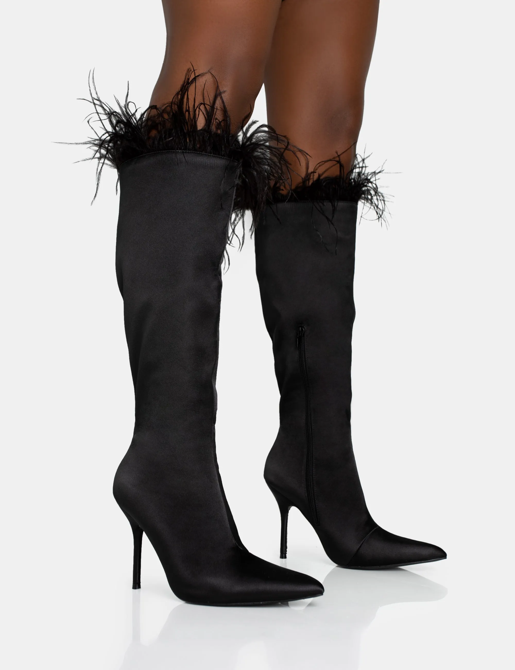 Baddie Black Satin Feather Pointed Court Stiletto Knee High Boots sold by Public Desire