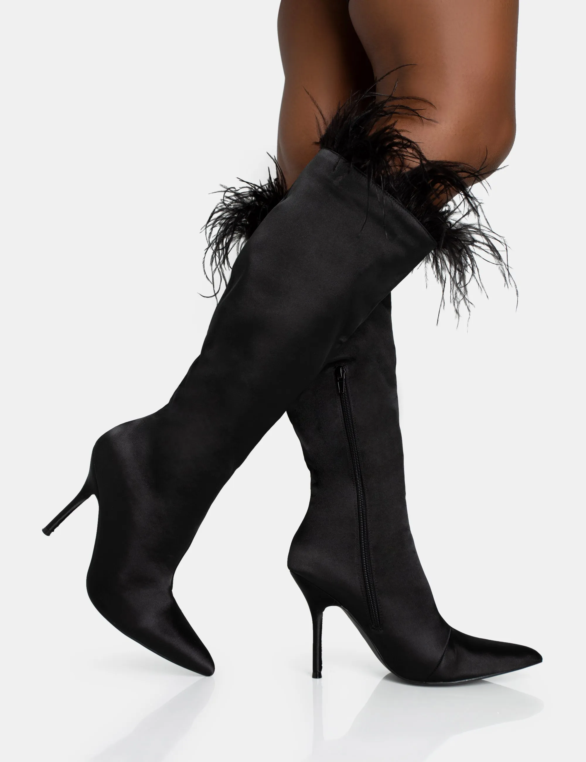 Baddie Black Satin Feather Pointed Court Stiletto Knee High Boots sold by Public Desire product image thumbnail 2