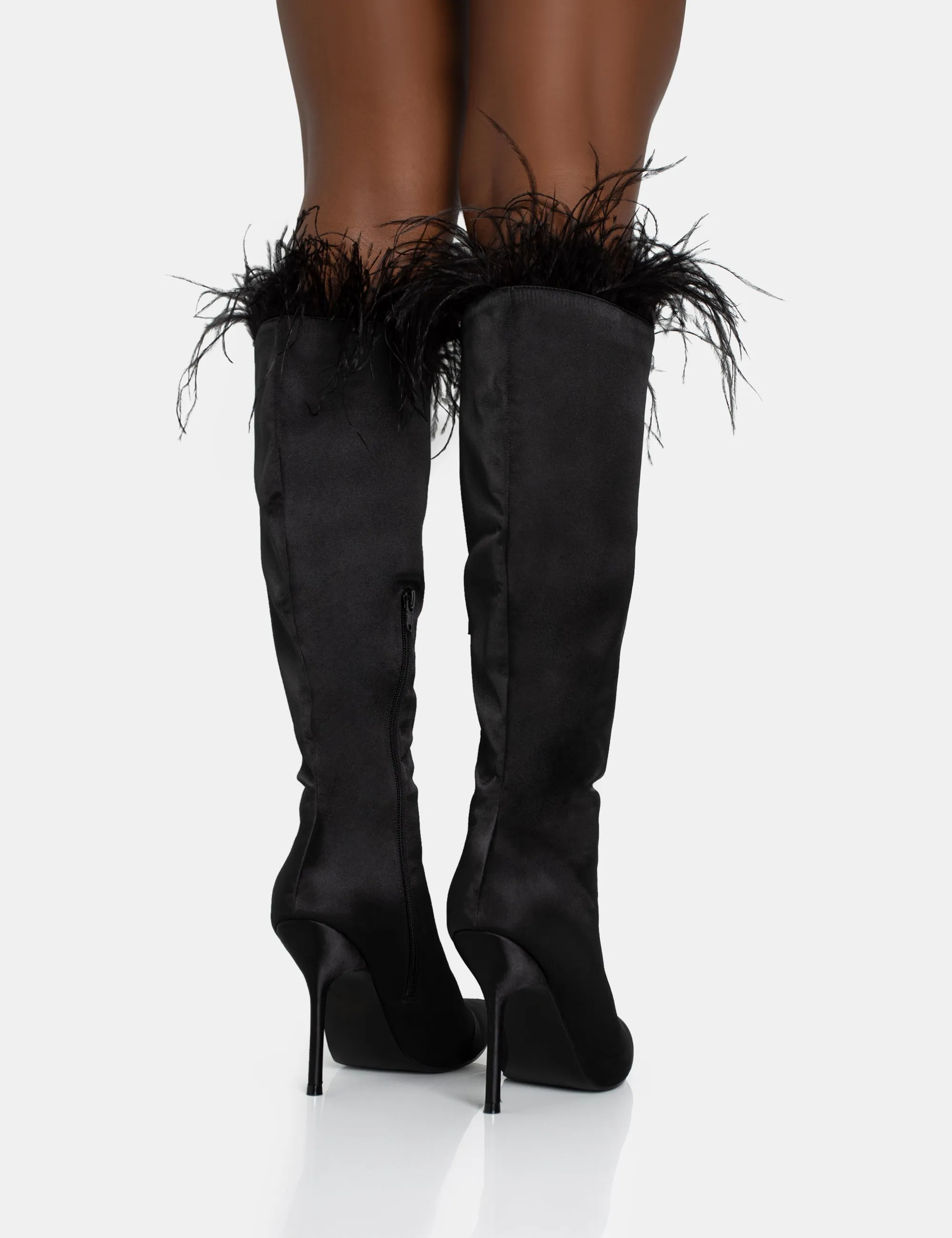Baddie Black Satin Feather Pointed Court Stiletto Knee High Boots sold by Public Desire product image thumbnail 4