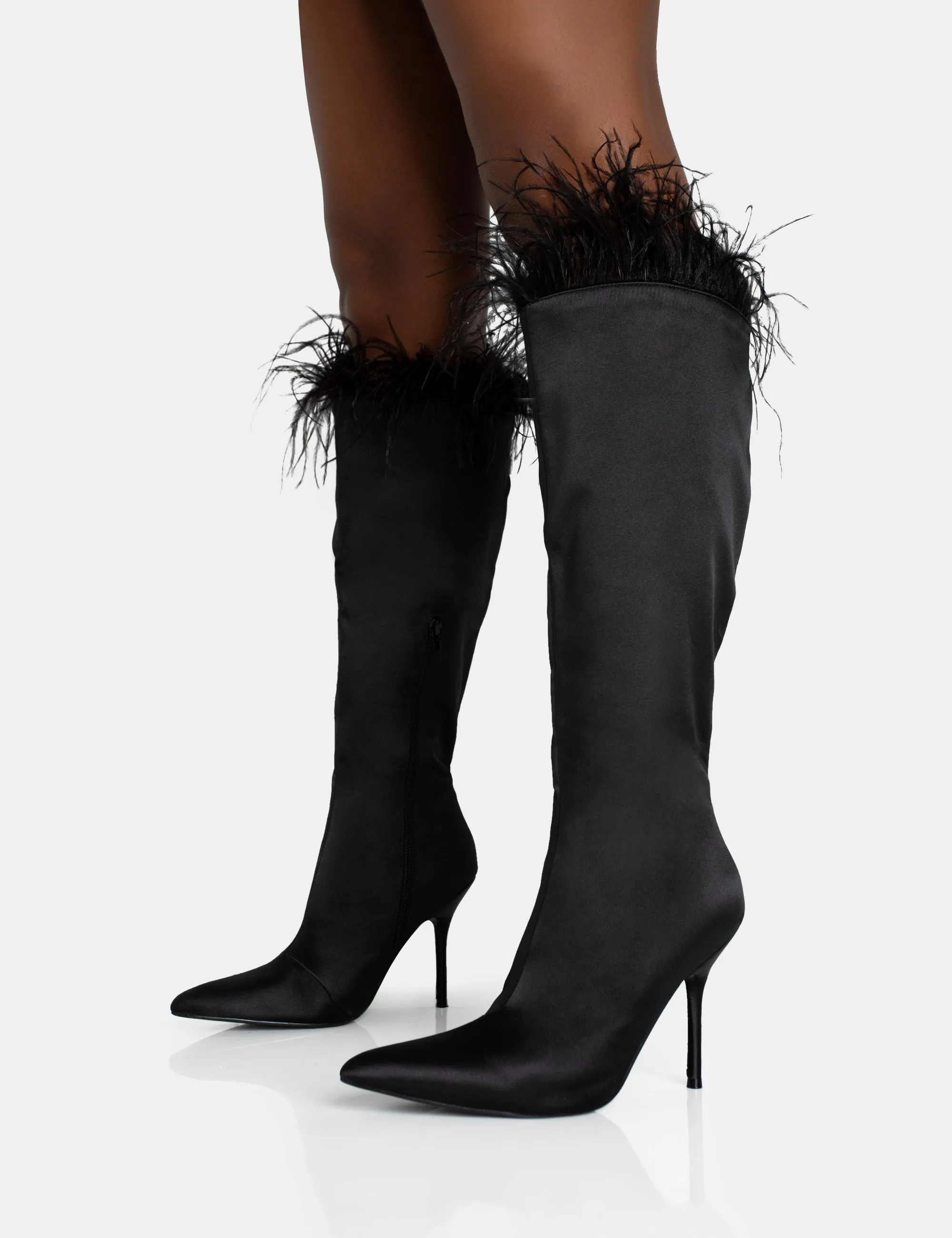 Baddie Black Satin Feather Pointed Court Stiletto Knee High Boots sold by Public Desire product image thumbnail 3