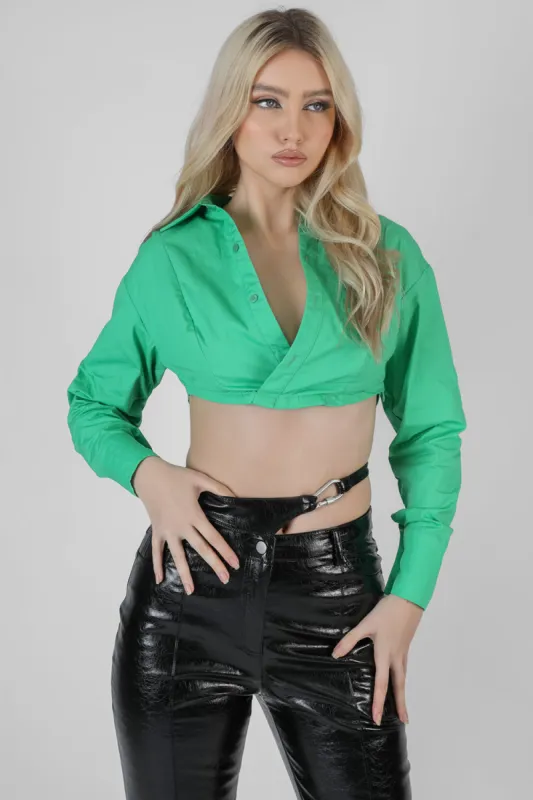 Wrap Cropped Poplin Shirt Green sold by Public Desire