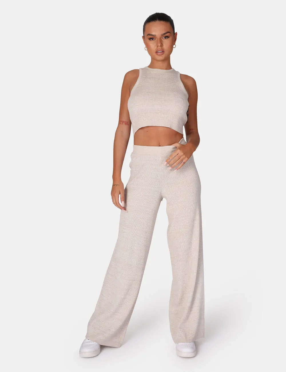 V Front Low Waisted Wide Leg Knitted Trousers Oatmeal sold by Public Desire