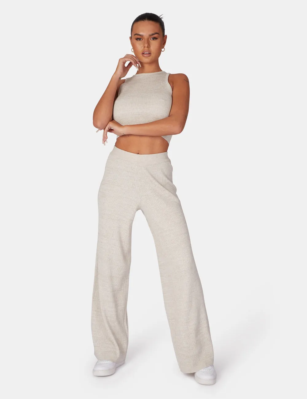 V Front Low Waisted Wide Leg Knitted Trousers Oatmeal sold by Public Desire product image thumbnail 3