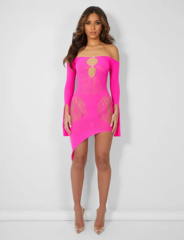 Mesh Panel Keyhole Off The Shoulder Asymmetric Mini Dress Pink sold by Public Desire