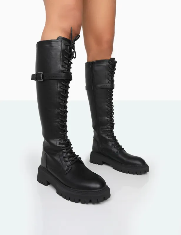 Lainey Black Pu Chunky Sole Lace Up Knee High Boots sold by Public Desire