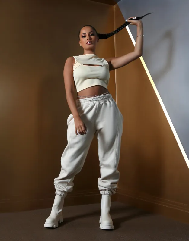 Amber x Public Desire ribbed cut out crop t-shirt in butter sold by Public Desire