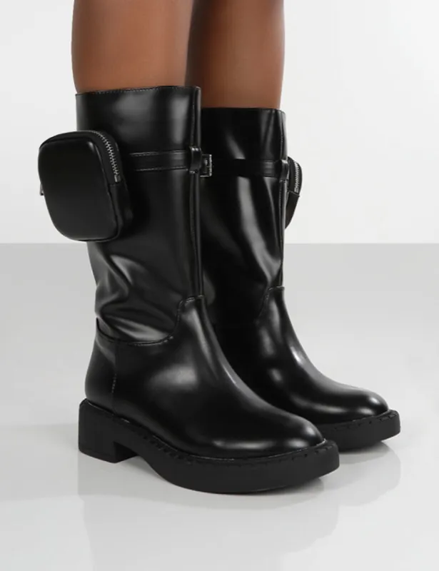 Evoke Black Pocket Detail Chunky Sole Calf Height Boot sold by Public Desire